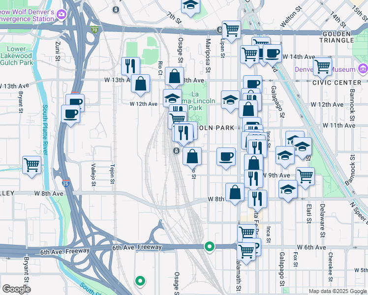 map of restaurants, bars, coffee shops, grocery stores, and more near 1000 Osage Street in Denver