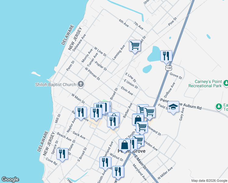 map of restaurants, bars, coffee shops, grocery stores, and more near 69 Broad Street in Penns Grove