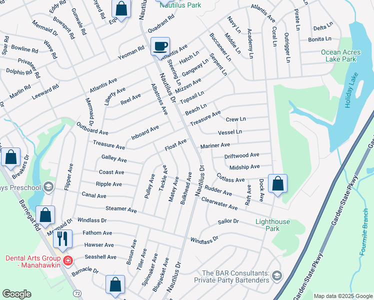 map of restaurants, bars, coffee shops, grocery stores, and more near 305 Bulkhead Avenue in Stafford Township
