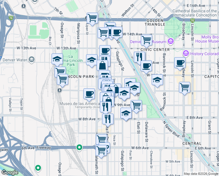 map of restaurants, bars, coffee shops, grocery stores, and more near 937 Santa Fe Drive in Denver