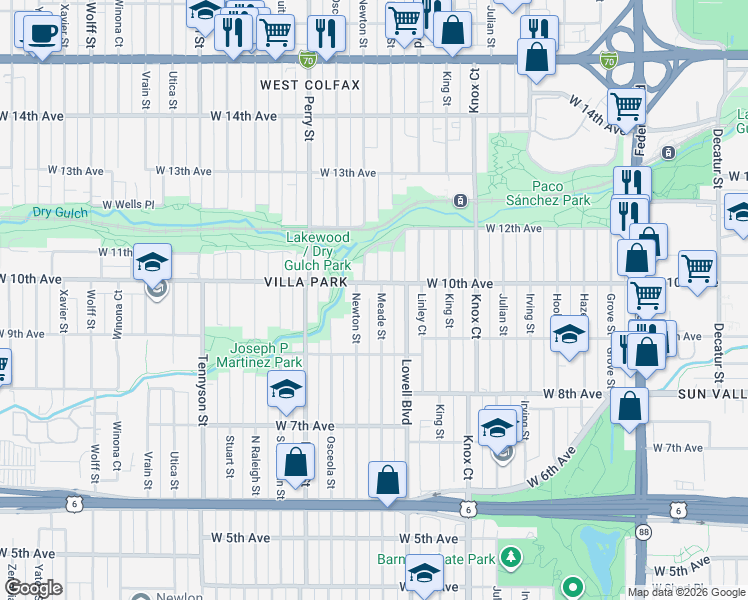 map of restaurants, bars, coffee shops, grocery stores, and more near 936 Meade Street in Denver
