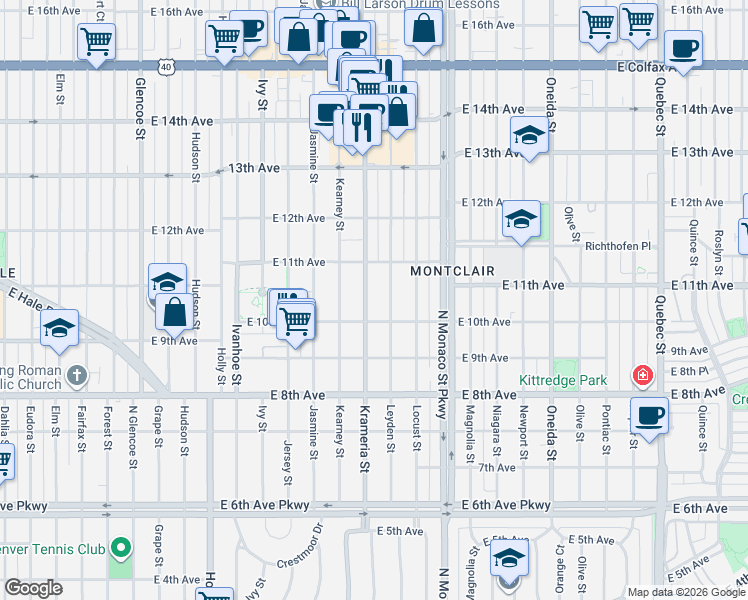 map of restaurants, bars, coffee shops, grocery stores, and more near 1006 Krameria Street in Denver