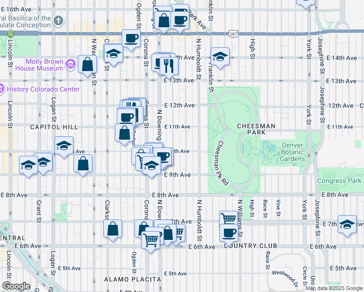 map of restaurants, bars, coffee shops, grocery stores, and more near in Denver