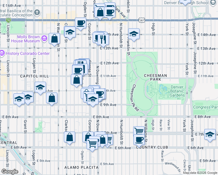 map of restaurants, bars, coffee shops, grocery stores, and more near in Denver