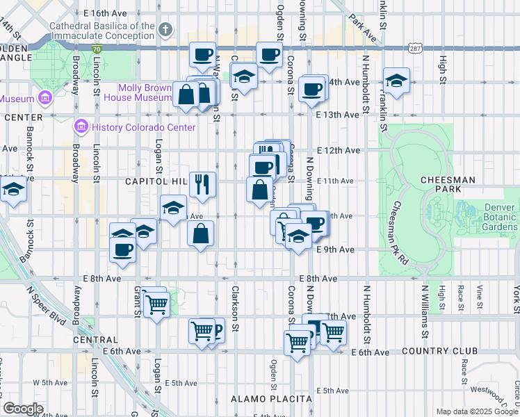 map of restaurants, bars, coffee shops, grocery stores, and more near 910 East 10th Avenue in Denver