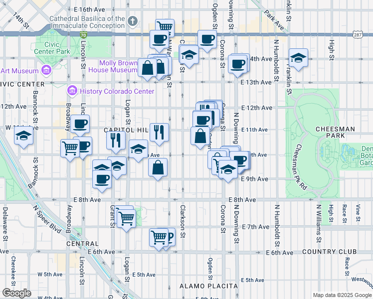map of restaurants, bars, coffee shops, grocery stores, and more near 980 North Clarkson street in Denver