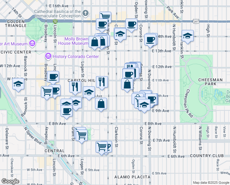 map of restaurants, bars, coffee shops, grocery stores, and more near 980 North Clarkson street in Denver