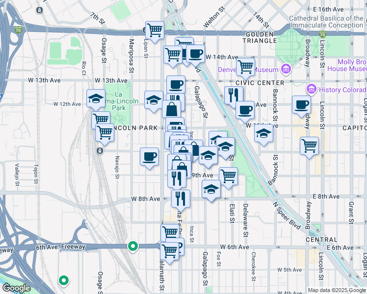 map of restaurants, bars, coffee shops, grocery stores, and more near 937 Santa Fe Drive in Denver