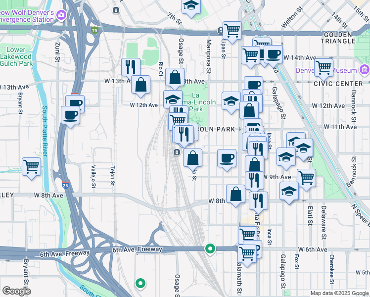 map of restaurants, bars, coffee shops, grocery stores, and more near 1322 West 10th Avenue in Denver