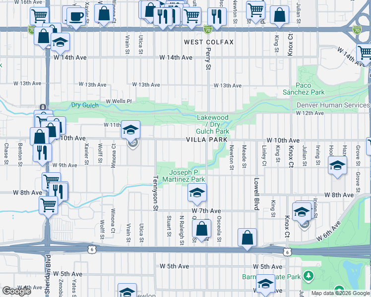 map of restaurants, bars, coffee shops, grocery stores, and more near 945 Raleigh Street in Denver