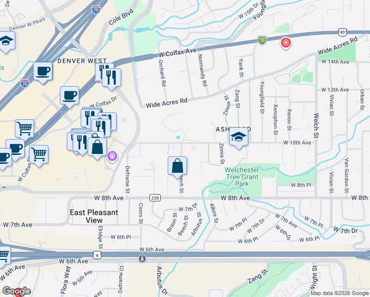 map of restaurants, bars, coffee shops, grocery stores, and more near 978 Arbutus Court in Golden