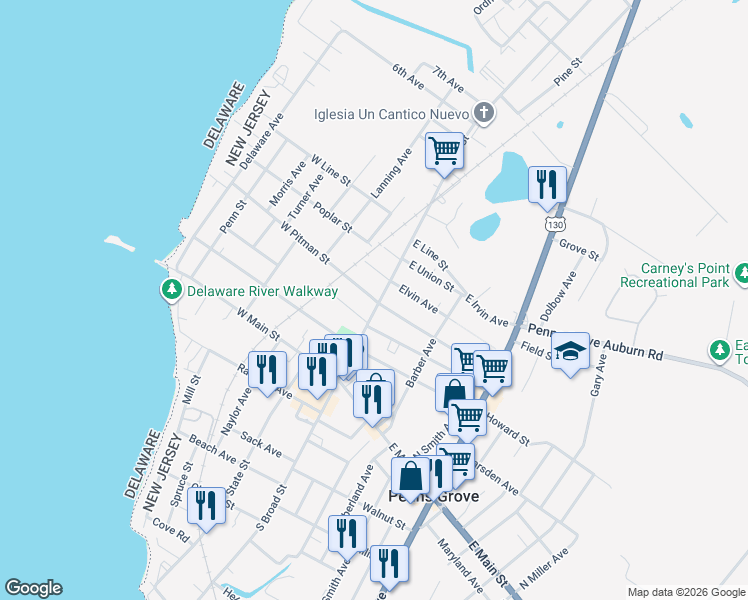 map of restaurants, bars, coffee shops, grocery stores, and more near 69 Broad Street in Penns Grove