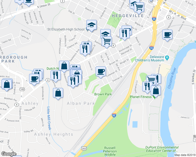 map of restaurants, bars, coffee shops, grocery stores, and more near 1508 Coleman Street in Wilmington