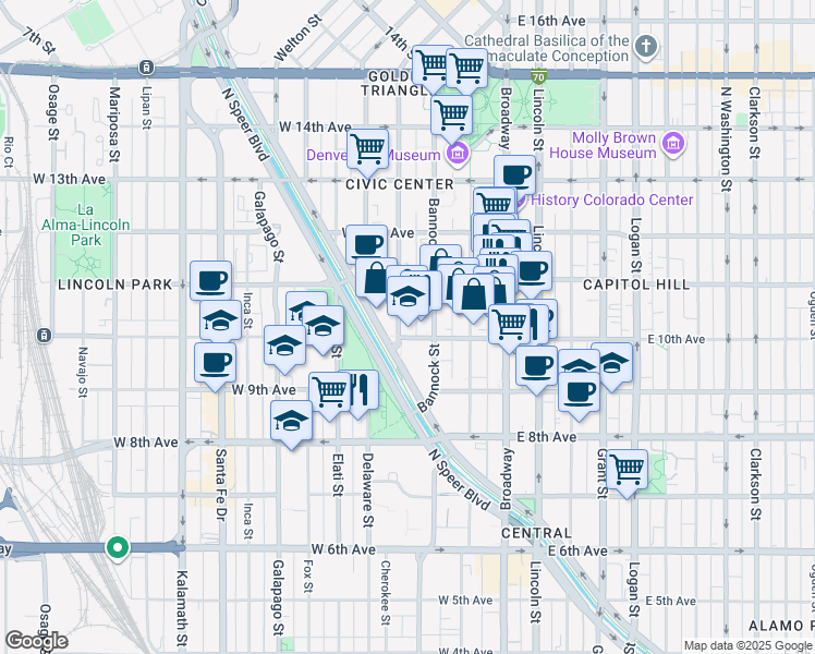 map of restaurants, bars, coffee shops, grocery stores, and more near 970 Cherokee Street in Denver