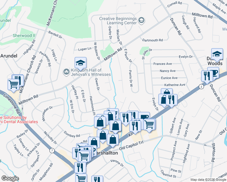 map of restaurants, bars, coffee shops, grocery stores, and more near 2401 Calf Run Drive in Wilmington