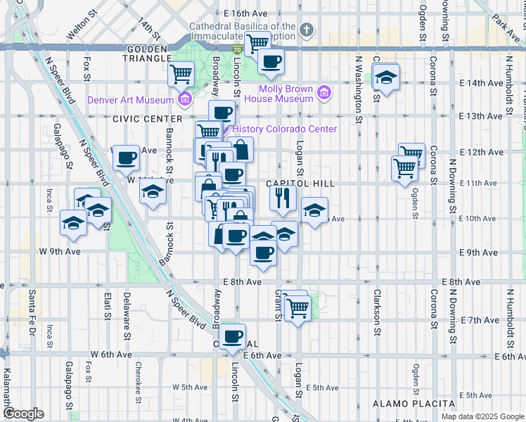 map of restaurants, bars, coffee shops, grocery stores, and more near 1010 Sherman Street in Denver