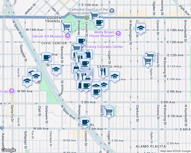 map of restaurants, bars, coffee shops, grocery stores, and more near 150 East 10th Avenue in Denver