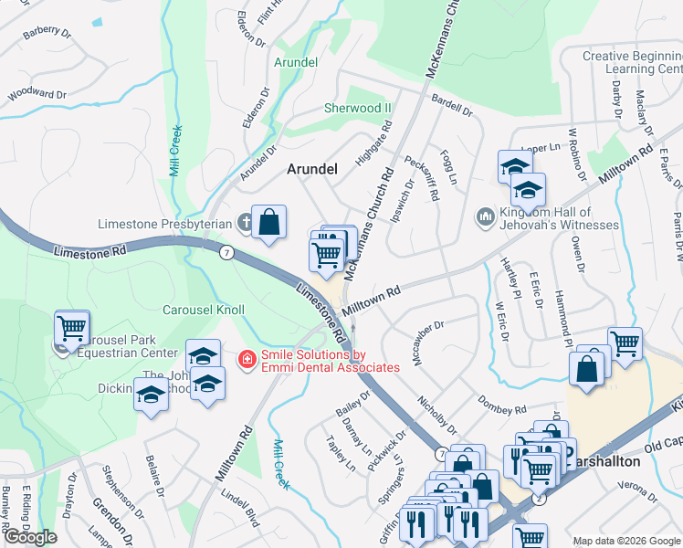 map of restaurants, bars, coffee shops, grocery stores, and more near 1317 McKennans Church Road in Wilmington