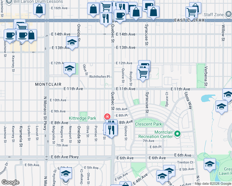 map of restaurants, bars, coffee shops, grocery stores, and more near 1090 Quebec Street in Denver