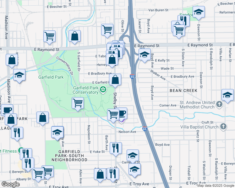 map of restaurants, bars, coffee shops, grocery stores, and more near 2455 Shelby Street in Indianapolis