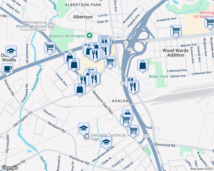 map of restaurants, bars, coffee shops, grocery stores, and more near 3314 Old Capitol Trail in Wilmington