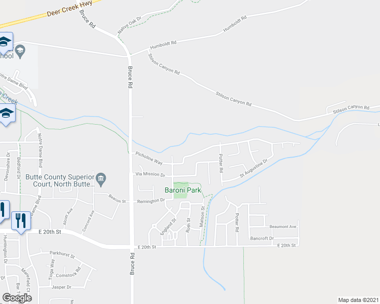 map of restaurants, bars, coffee shops, grocery stores, and more near 250 Picholine Way in Chico