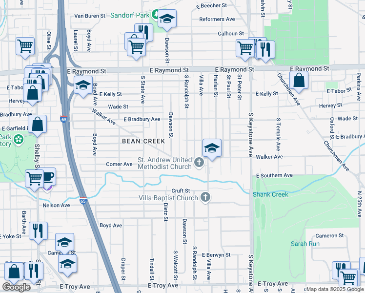 map of restaurants, bars, coffee shops, grocery stores, and more near 2526 South Randolph Street in Indianapolis