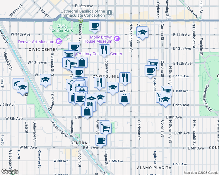 map of restaurants, bars, coffee shops, grocery stores, and more near 1020 Logan Street in Denver