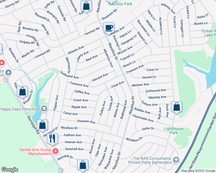 map of restaurants, bars, coffee shops, grocery stores, and more near 286 Tackle Avenue in Stafford Township