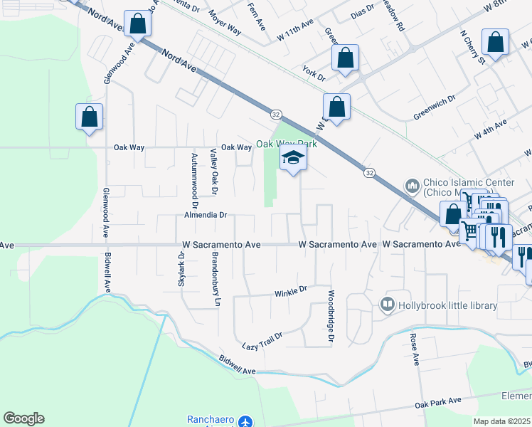 map of restaurants, bars, coffee shops, grocery stores, and more near 1543 Gilbert Lane in Chico