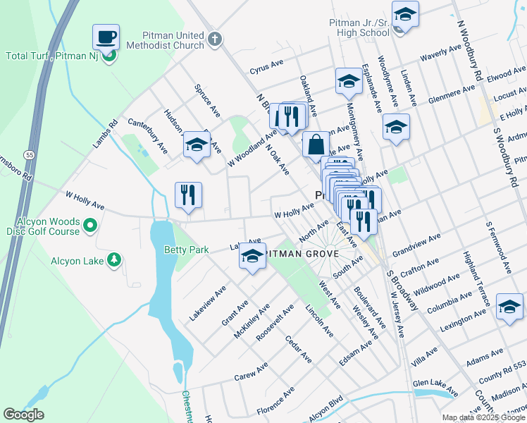 map of restaurants, bars, coffee shops, grocery stores, and more near 208 West Holly Avenue in Pitman