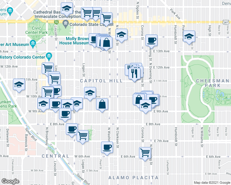 map of restaurants, bars, coffee shops, grocery stores, and more near 980 North Clarkson street in Denver