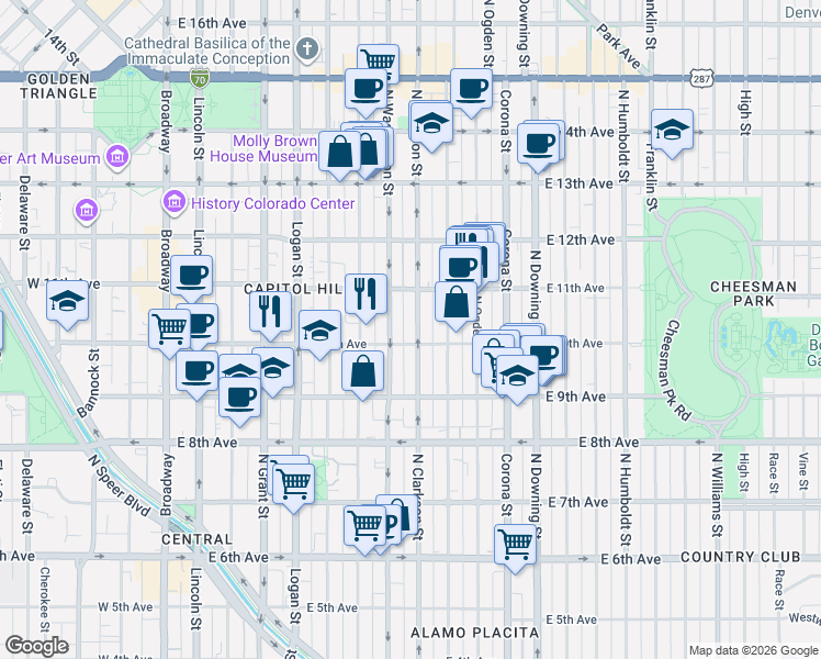 map of restaurants, bars, coffee shops, grocery stores, and more near 980 North Clarkson street in Denver