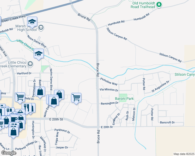 map of restaurants, bars, coffee shops, grocery stores, and more near Bruce Road in Chico