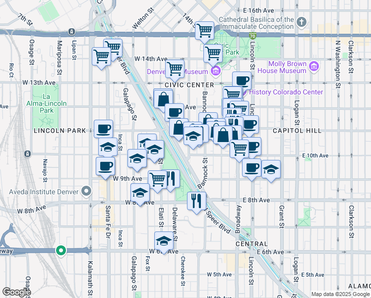 map of restaurants, bars, coffee shops, grocery stores, and more near 1000 Speer Boulevard in Denver