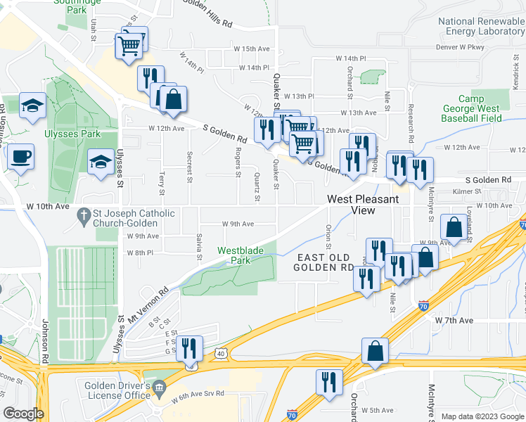 map of restaurants, bars, coffee shops, grocery stores, and more near 16420 West 10th Avenue in Golden