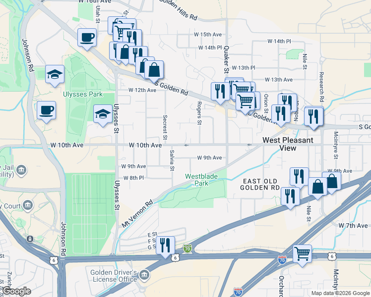 map of restaurants, bars, coffee shops, grocery stores, and more near 16675 West 9th Avenue in Golden