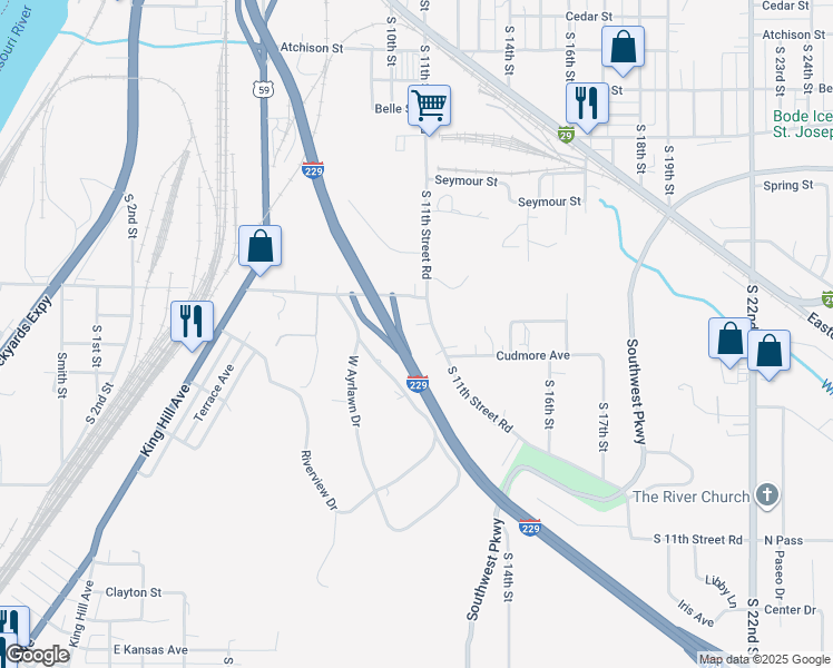 map of restaurants, bars, coffee shops, grocery stores, and more near 3436 South 11th Street Road in Saint Joseph