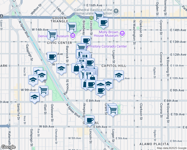 map of restaurants, bars, coffee shops, grocery stores, and more near 1020 Lincoln Street in Denver