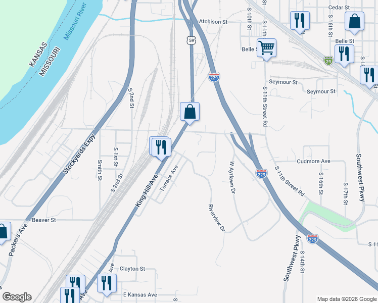 map of restaurants, bars, coffee shops, grocery stores, and more near 606 City View Street in Saint Joseph