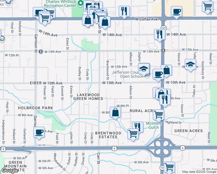 map of restaurants, bars, coffee shops, grocery stores, and more near 949 Brentwood Street in Denver