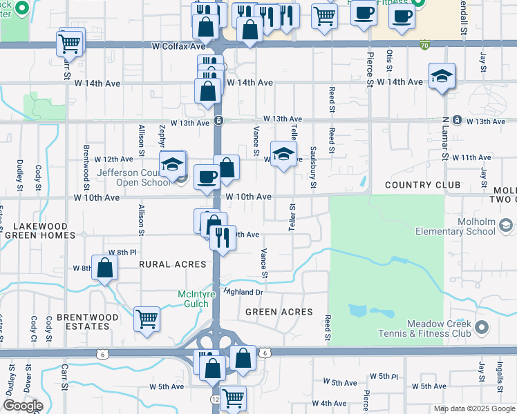 map of restaurants, bars, coffee shops, grocery stores, and more near 989 Upham Court in Lakewood