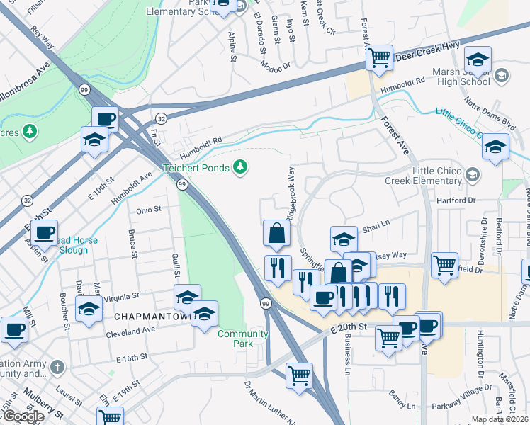 map of restaurants, bars, coffee shops, grocery stores, and more near 1619 Harvest Glen Drive in Chico