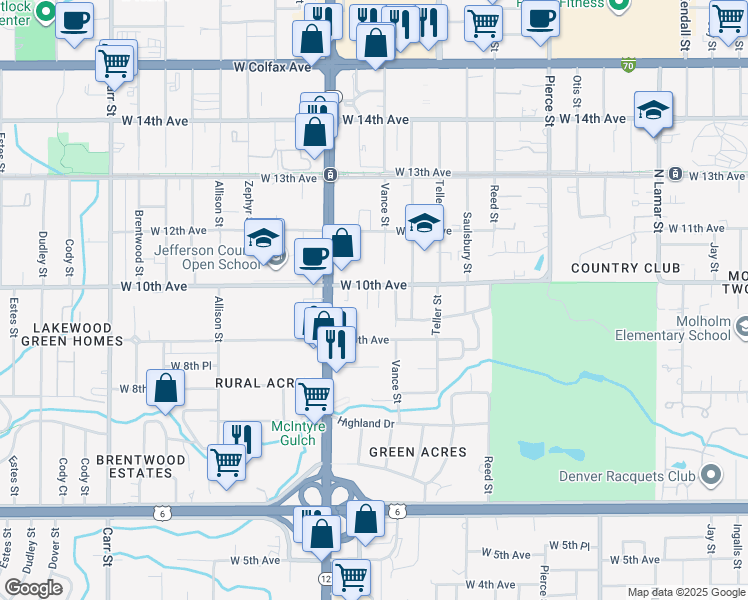map of restaurants, bars, coffee shops, grocery stores, and more near 7440 West 10th Avenue in Lakewood