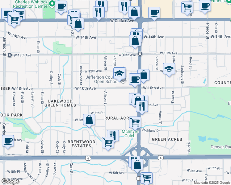 map of restaurants, bars, coffee shops, grocery stores, and more near 7920 West 10th Avenue in Lakewood