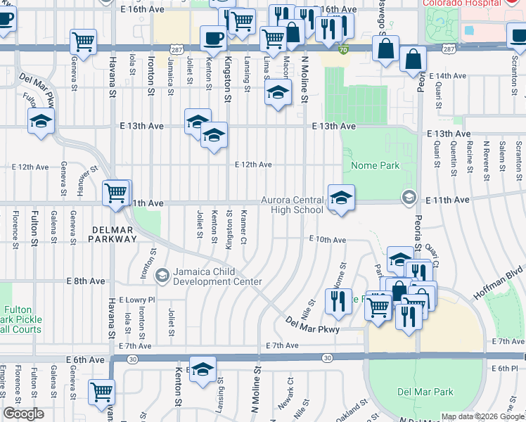map of restaurants, bars, coffee shops, grocery stores, and more near 1040 Lima Street in Aurora