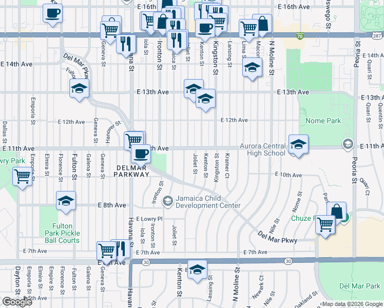 map of restaurants, bars, coffee shops, grocery stores, and more near 1050 Joliet Street in Aurora