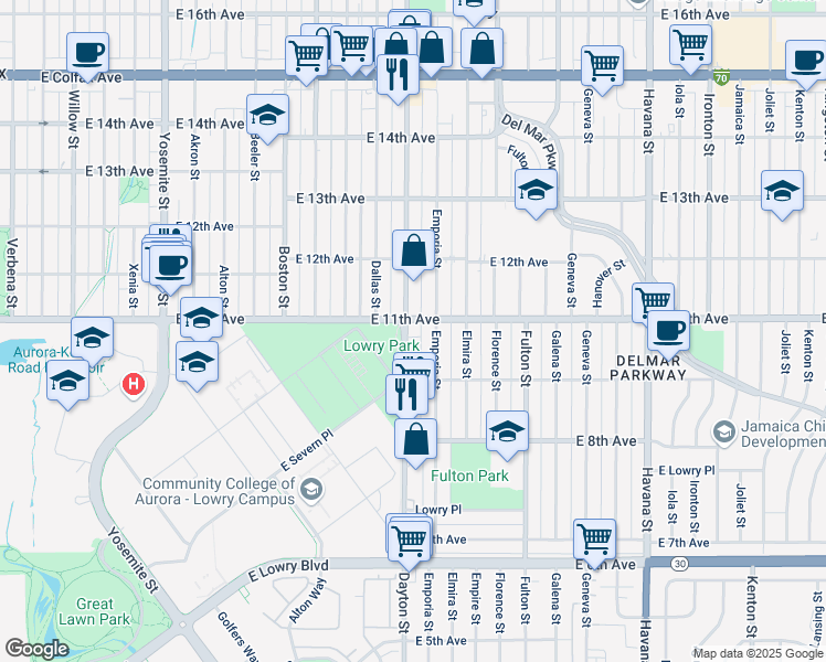 map of restaurants, bars, coffee shops, grocery stores, and more near 1054 Dayton Street in Aurora