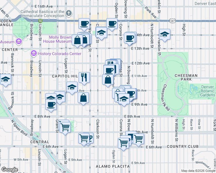map of restaurants, bars, coffee shops, grocery stores, and more near 910 East 10th Avenue in Denver