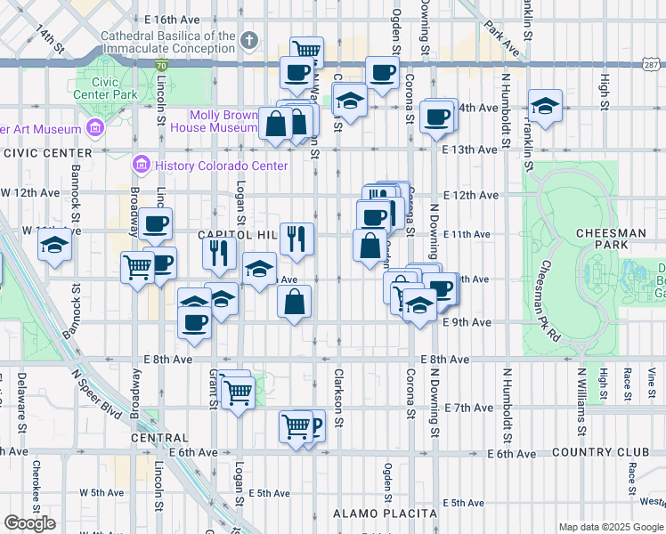 map of restaurants, bars, coffee shops, grocery stores, and more near 980 North Clarkson street in Denver